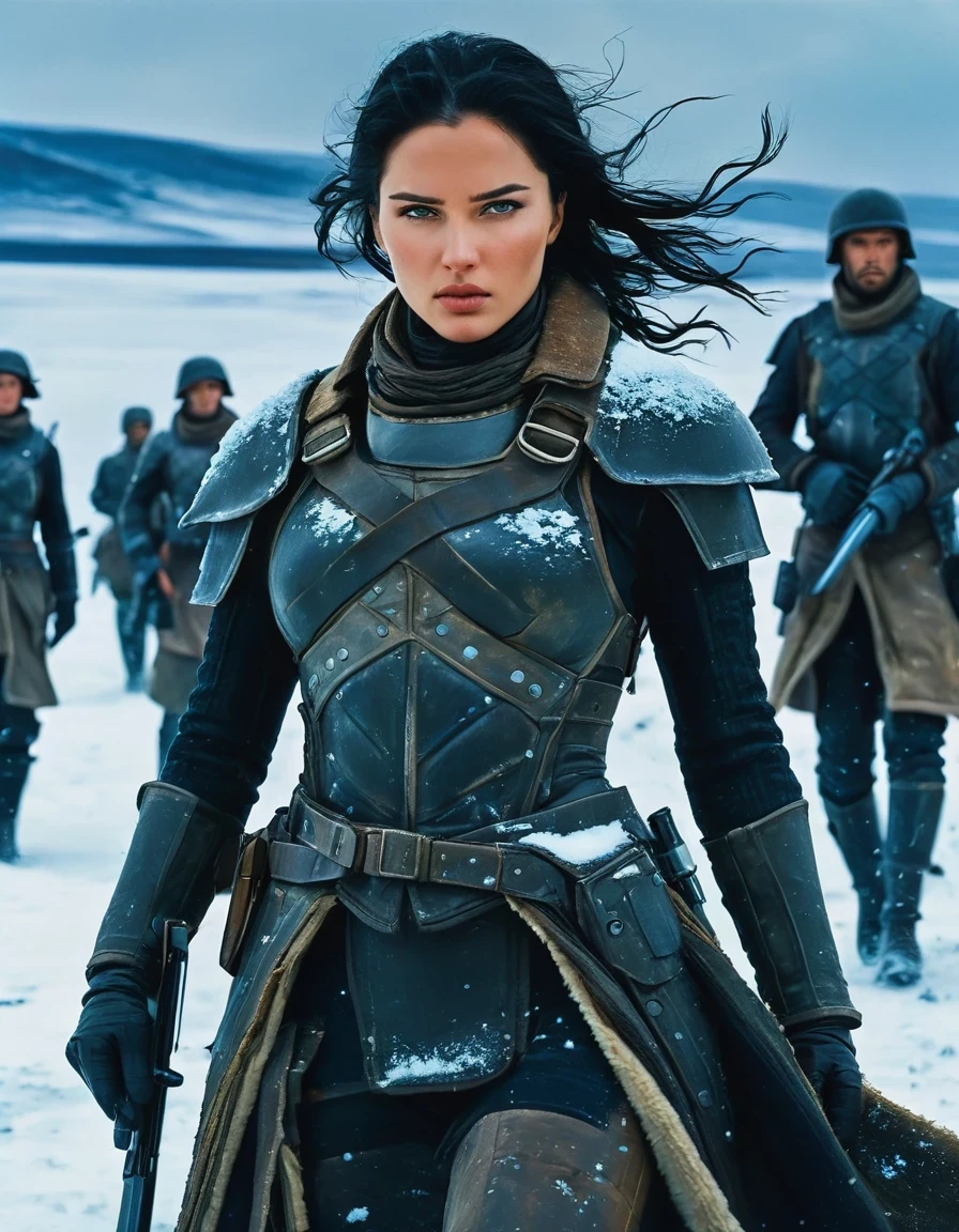 wasteland, Female Warrior Sci-fi Future Fantasy，Movie Stills，Siberia，Vast wasteland，Snow everywhere，Cold night，sci-fi art, in style of Amedeo Modigliani，fighting，War，A lot of fighters，background：Army Group Battlefield，