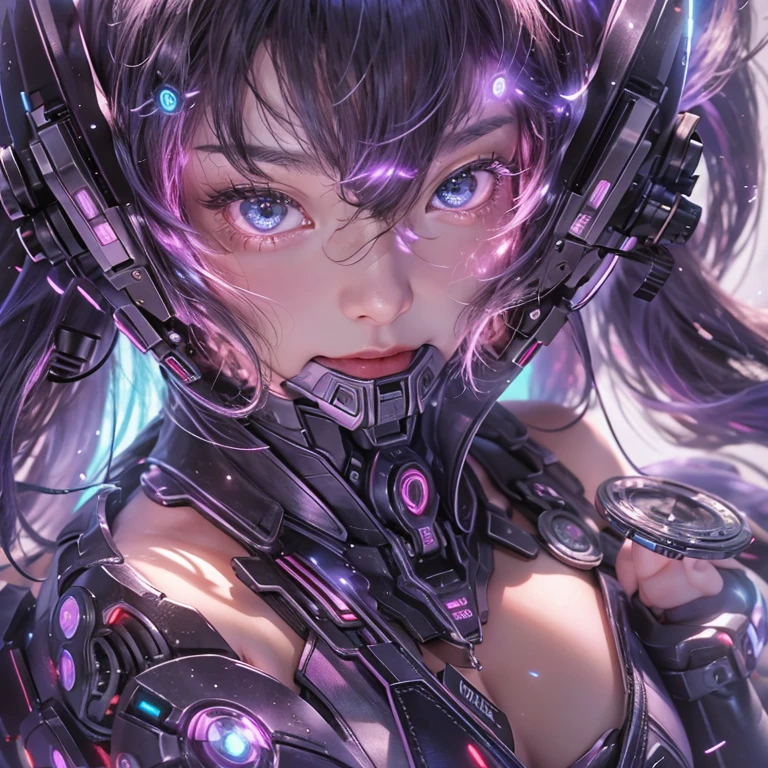 futuristic space、Hair flows、 ((highest quality、masterpiece、8k、best image quality、ultra high resolution、Award-winning work)、(accurate anatomy:1.1)、(look at me and smile:1.1)、Shining fair skin with ultra high resolution、most detailed face、ultra high resolution detailed face、ultra high resolutionの髪の毛、(ultra high resolutionの煌めく瞳:1.1)、Beautiful face drawn in every detail、(blurred background:1.1)、cyberpunk costume :1.3, chest together, diva singing microphone、