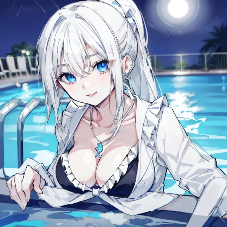 White Hair,Long Hair,ponytail,Blue Eyes,Sharp Eyes,necklace,Ruffled Bikini,Mature atmosphere,Ample breasts,smile,beautiful,Night Pool,gorgeous