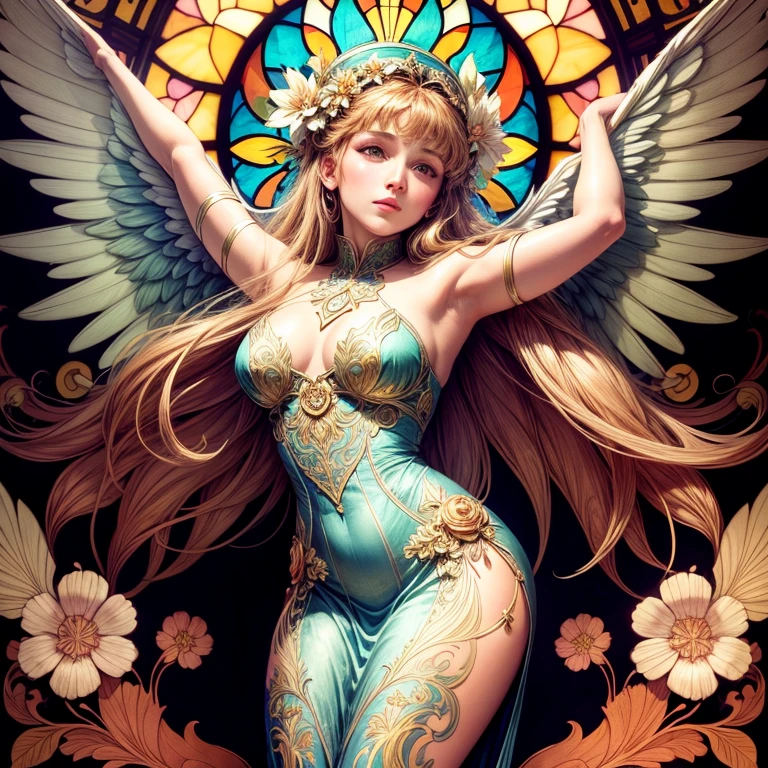 vetorial art style,Stained glass, beautiful vintage woman,open angel wings,alphonse mucha style,Intricate flowery background