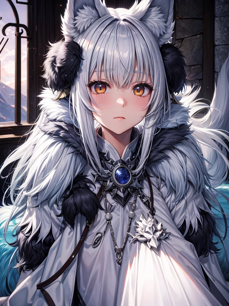 Beastman Girl、Silver fur、the whole body is covered with hairs、狼 Ears、Wolf's Tail、big golden eyes、Double teeth、Eating raw meat with bare hands、View your audience、Rocky Mountain