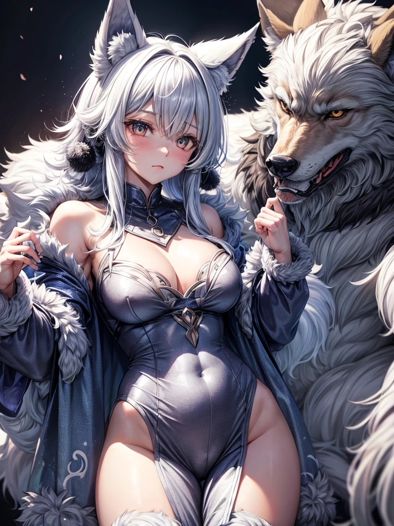 Beastman Girl、Silver fur、the whole body is covered with hairs、狼 Ears、Wolf&#39;s Tail、big golden eyes、Double teeth、View your audience、Rocky Mountain、menacing pose