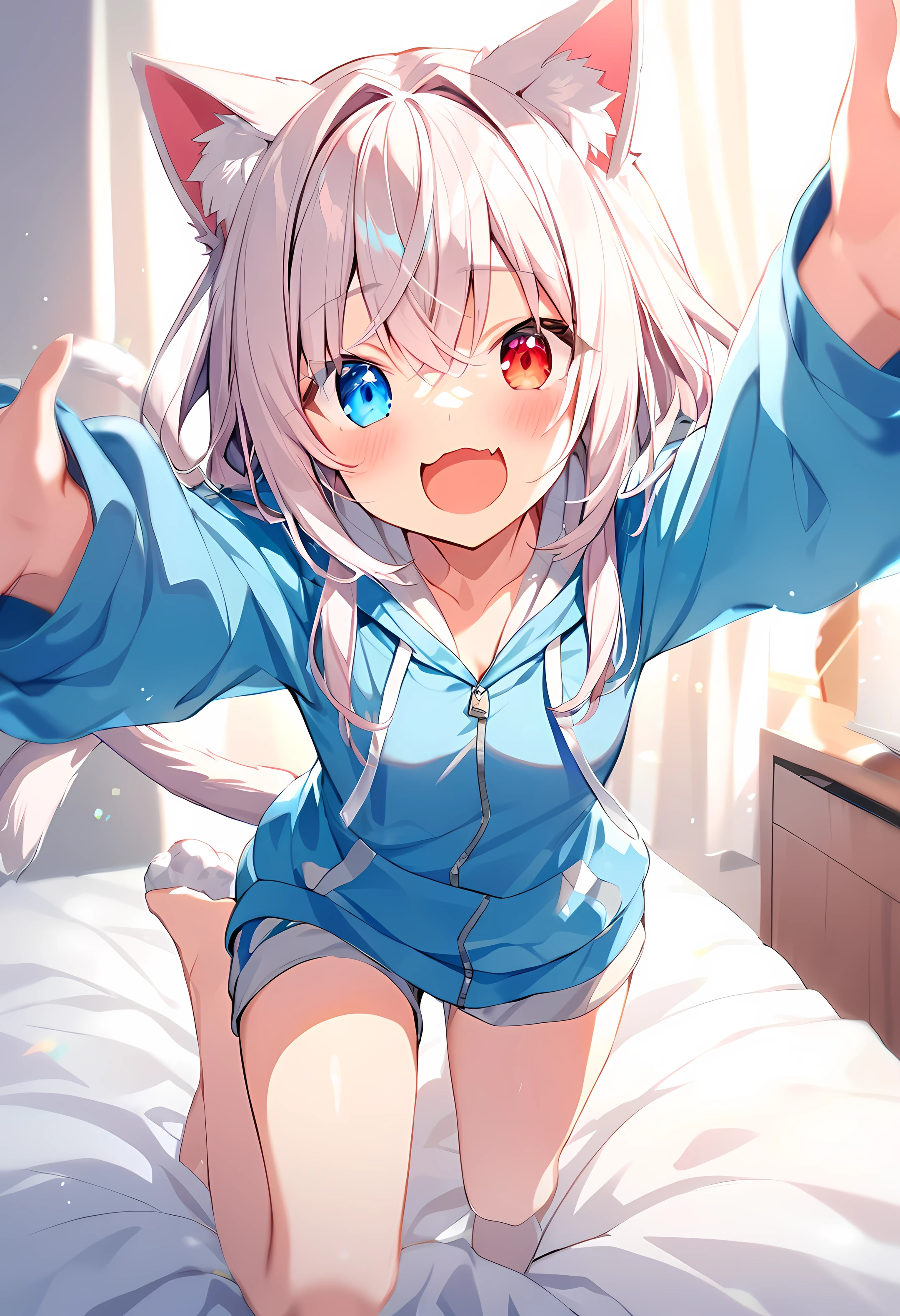 girl,hoodie,On the bed,Excited,Heterochromia Red Eyes Blue Eyes,Small breasts,Cat ear,Feline tail,girl2人,whole body,From below,lily