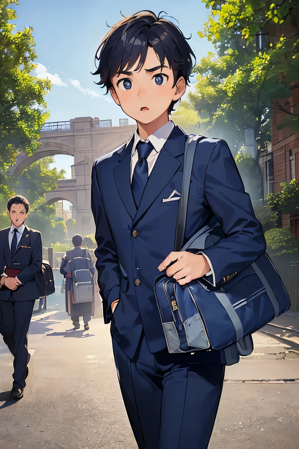 ((best quality)), ((masterpiece)), ((detailed)), (((perfect face))), (((18yo  boy in navy blue suit with school bag))), (((walking across city street))), (((city road))), (((brick arch gate in background))), (((trees))) (((looking sideways at viewer))), (((surprised:1.4))), (((big wide eyes)))