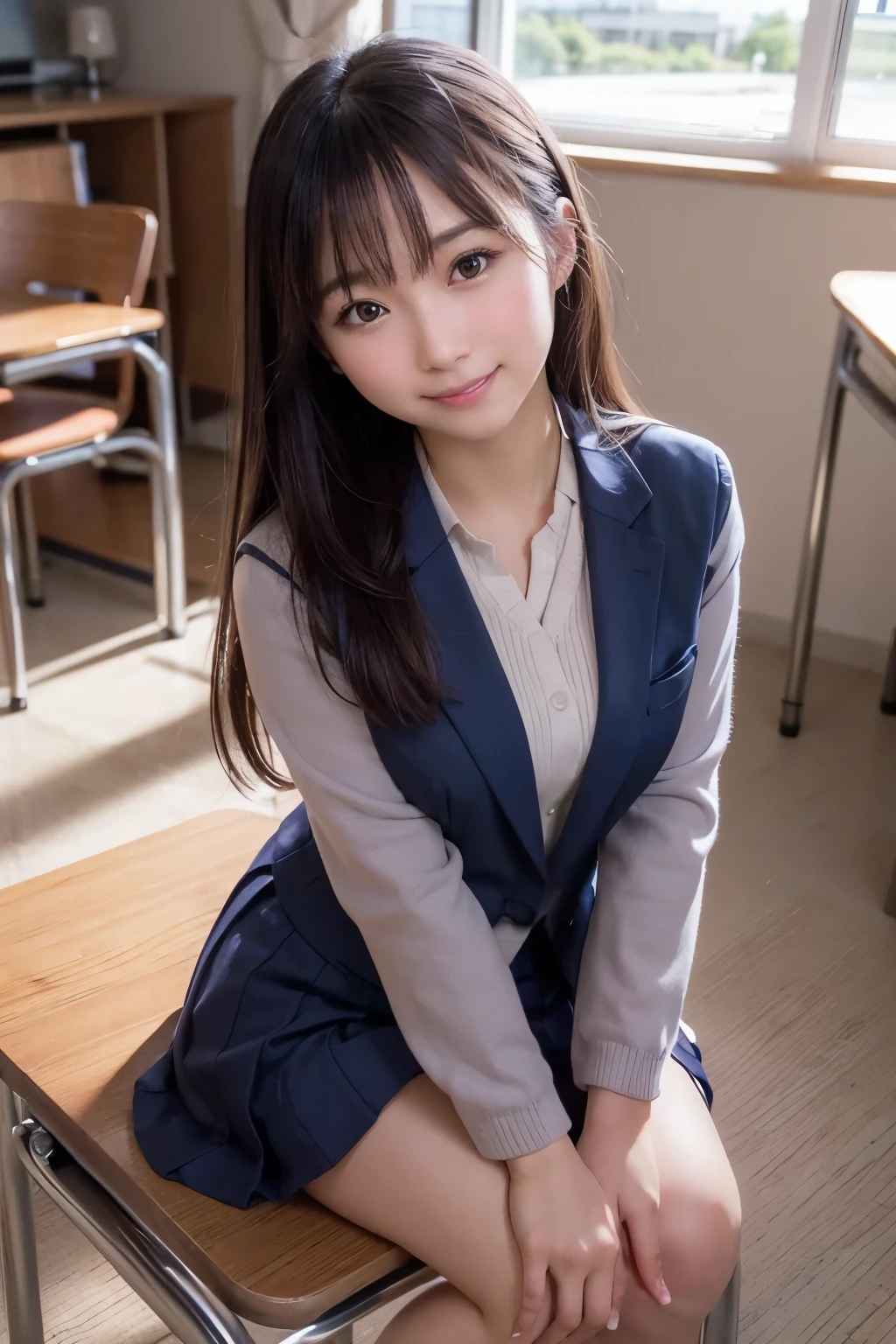 best quality, facial focus, soft light, (depth of field), ultra high res, (photorealistic: 1.4), RAW photo, (upper knees: 1.4), (sideways) 1Japanese girl, solo, handsome, (shy, smile: 1.1), (brown eyes), detailed beautiful face, (long hair), High school classroom, (seated chair), (school uniform: 1.4, navy skirt, navy Blazer)