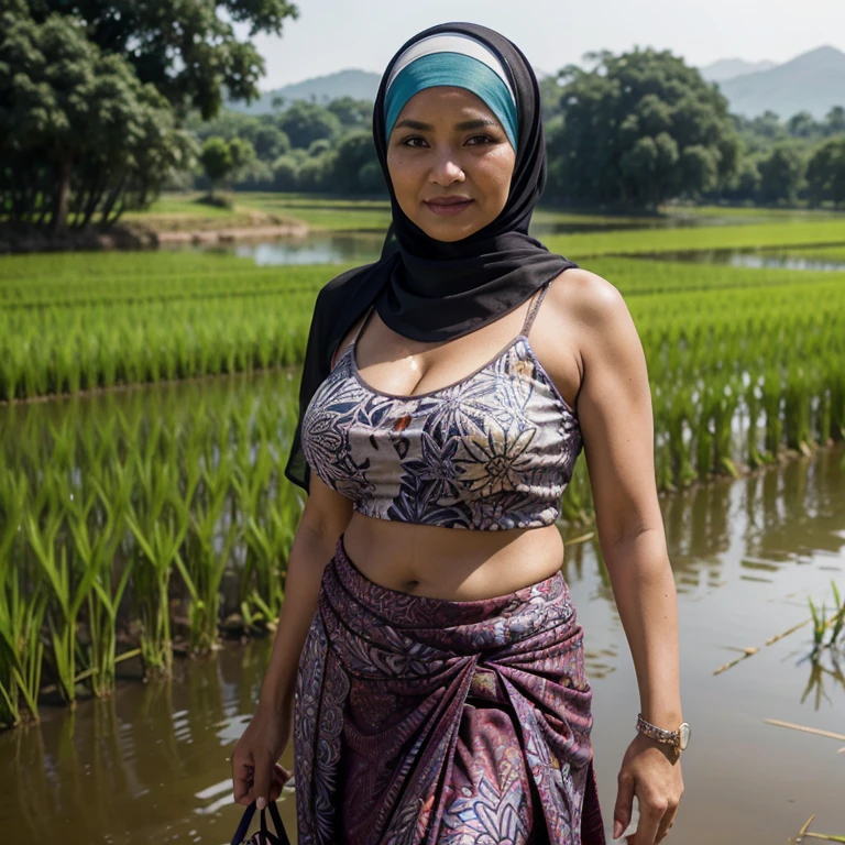 mia 50 years old wearing hijab , gigantic breast , see through tanktop , batik skirt , hard mipple , at the rice field