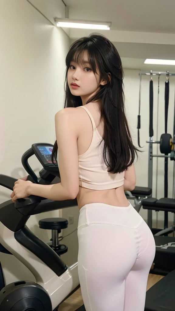 23 years old Korean girl, Ponytail Brown Hair, half body shot, Brace Band, Natural Face Lighting, huge ass, Tight Sportswear, Realistic photo effects, Late evening gym in the background, Elafreya,arshadart,DetailPace