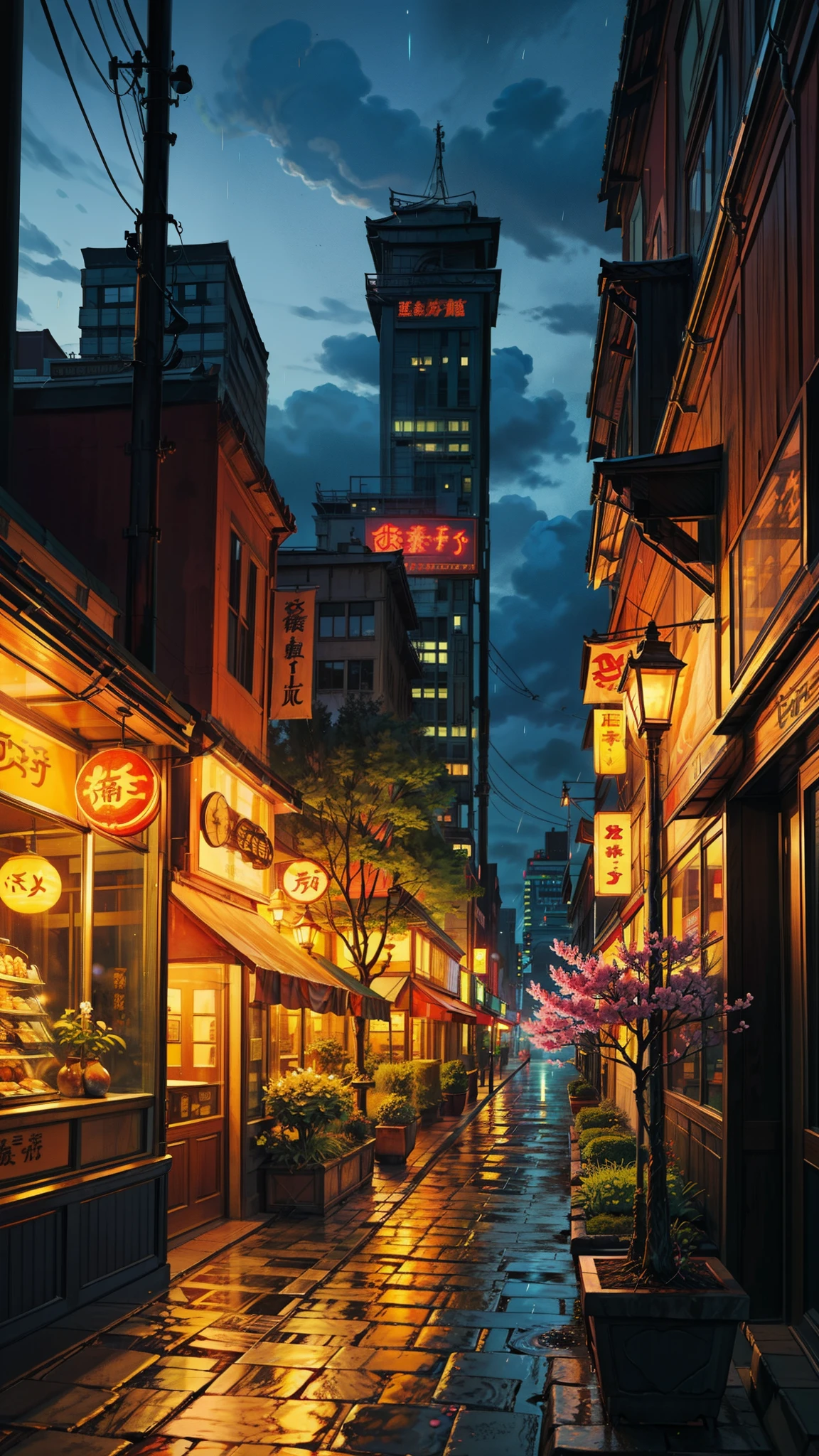Step into a captivating scene inspired by a Japanese garden, where meticulously manicured bonsai trees and vibrant cherry blossoms create a serene oasis. Amidst this tranquil setting stands a modern twist—a trendy café with a neon sign glowing "Coffee" in the style of bustling New York City. The café's industrial architecture contrasts with the traditional elements of the garden, blending two worlds seamlessly. As night falls, the sky transforms into a canvas of deep indigo, streaked with remnants of a passing rain shower. The soft glow of streetlights illuminates the scene, casting a romantic ambiance over this enchanting fusion of cultures.