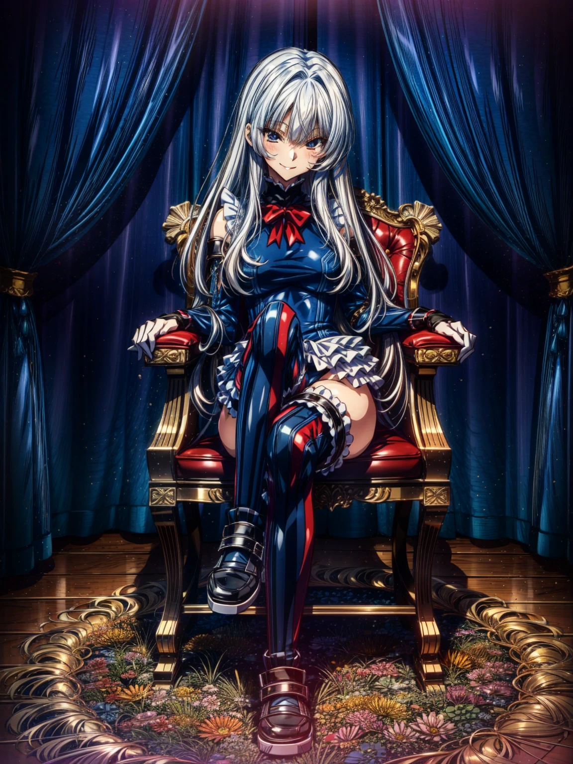Perfect Anatomy, highest quality, marirose,look at me affectionately,Provocative attitude
,Wicked Smile,Anime Style,(Ruffled swimsuit, Knee socks, Removed sleeve), (Anime Style:1.4) ,
,(White fingers:1.1,Black gloves),Evil Aura,Rape Eye,Full Body View,sitting, crossing legs,looking down, from bottom, looking at viewer,
