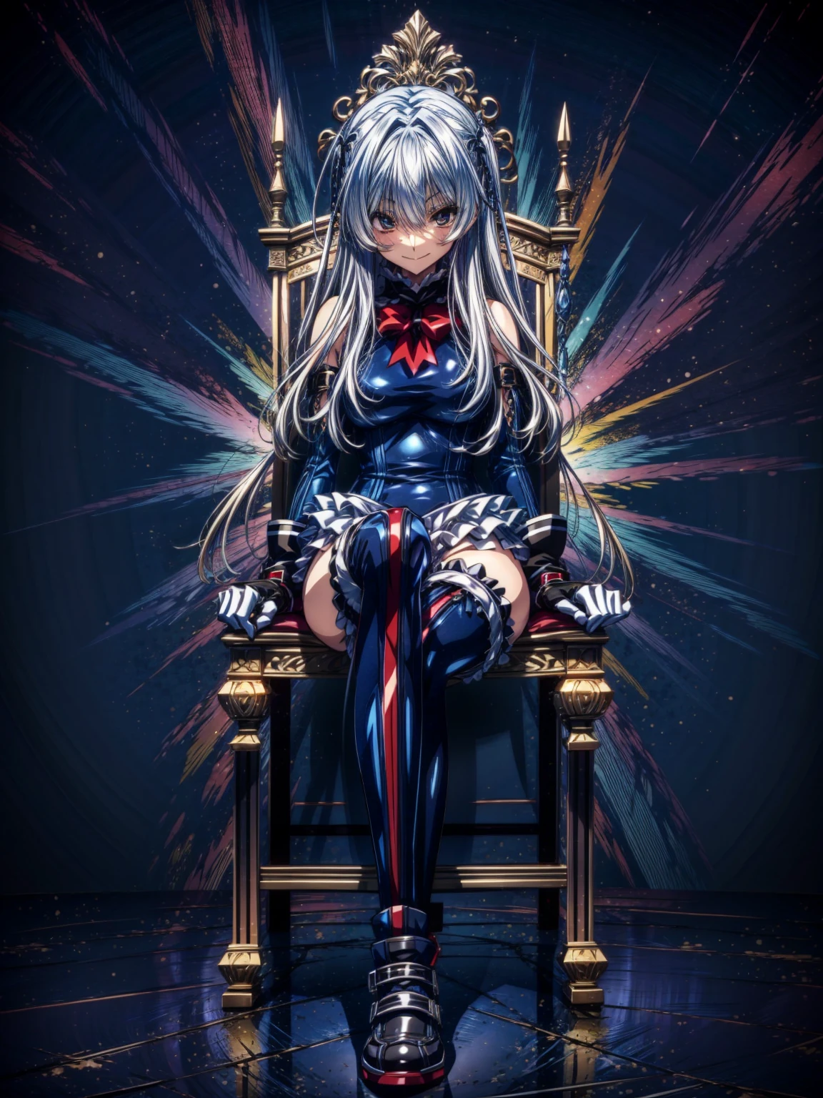 Perfect Anatomy, highest quality, marirose,look at me affectionately,Provocative attitude
,Wicked Smile,Anime Style,(Ruffled swimsuit, Knee socks, Removed sleeve), (Anime Style:1.4) ,
,(White fingers:1.1,Black gloves),Evil Aura,Rape Eye,Full Body View,sitting, crossing legs,looking down, from bottom, looking at viewer, 