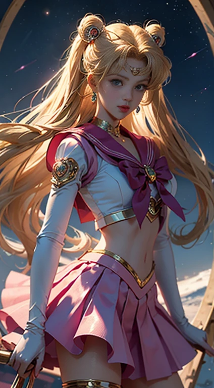 ((masterpiece)), ((highest quality)), (Super detailed), ((Very detailed)), 4K, (8k), Sailor Moon, Long golden hair, Dual Horsetail,Sailor Moonの美学,Beautiful girl,Fluffy skirt,blue, Dream Core,