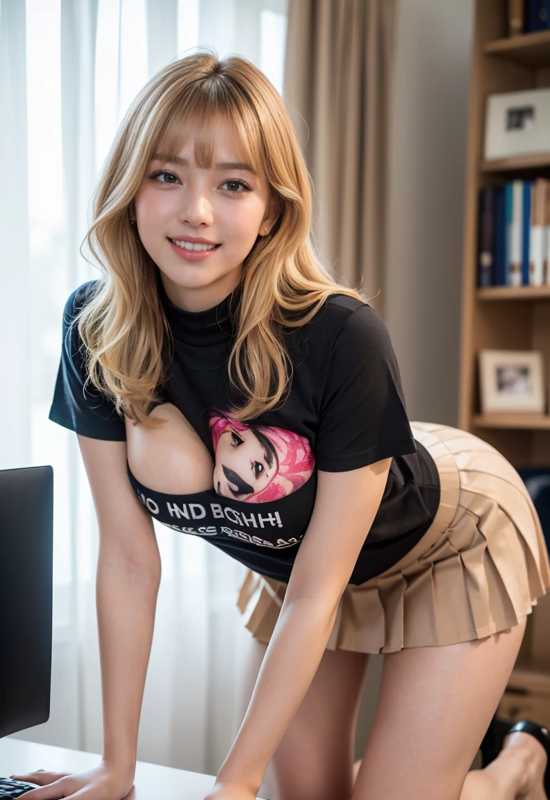 (((neat woman,Bright-eyed excitement,kind big smile,blush,blush,red cheek,please touch me,tempting viewer,i want you))),(all fours,all fours,hip higher,her fingers touch the chest),((((blush,red cheek)))),(cinematic lighting), (Photo real:1.4)、(A hyper-realistic:1.4)、(Photorealistic:1.3)、 (gentle lighting: 1.05)、(Improve the lighting quality of your video:0.9)、 32k、25years old woman、photorealistic lighting、Back lighting、Facial Lights、Ray Trace、(bright:1.2)、(Increase quality:1.4)、 (best quality real texture skin)、Fair eyes,delicate face、 Close-up of the face, ((Wearing the printed high-neck t-shirt,(no printed pleated skirt),high-heel),(Bodyline mood improvement:1.1)、Glossy skin、Korean Idol、Nogizaka Idol、good figure,perfect anatomy,Beautiful actress,(((beautiful large breasts,slender waist,slender hip,long slender legs,8heads tall))),(((8heads tall))),(((blonde wavy hair,curtain bangs))),(((in the beautiful modern office of library,super clean night view,in the night))),