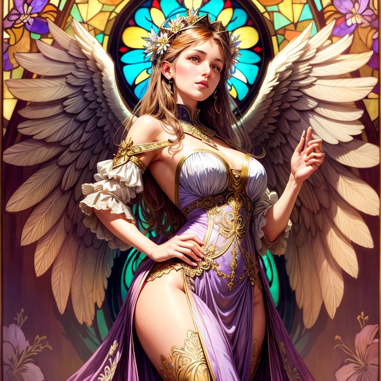 vetorial art style,Stained glass, beautiful vintage woman,Hands at waist level.open angel wings,alphonse mucha style,Intricate flowery background