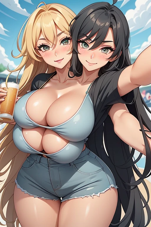 2heads, tall thin woman with 2 heads. Massive breasts. Mature. At a music festival. Drinking a beer. Festival attire. Deep cleavage. Messy hair. Happy. Smiling. Blushing. Cool expression, smug. Think eyeshadow. Seductive. Pulling shirt, touching breasts. Huge thighs. Extremely huge breasts. Girlfriend. Selfie, POV selfie, talking a selfie.