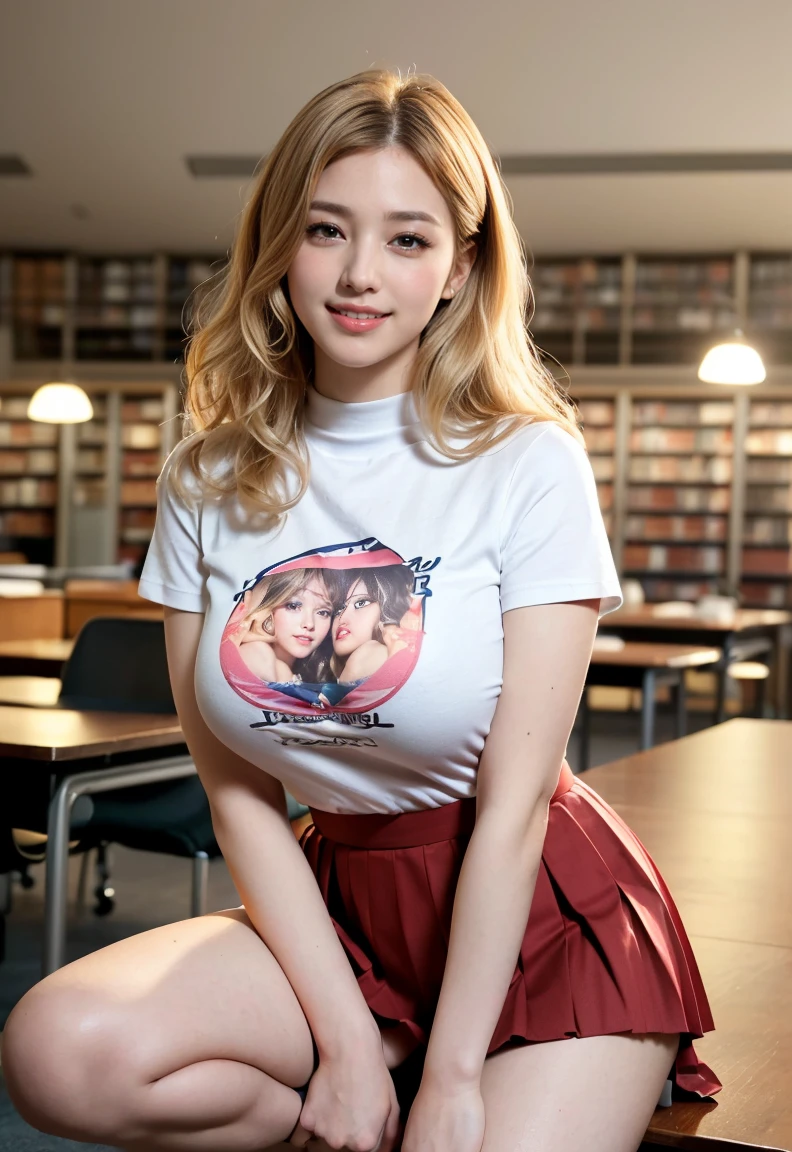 (((neat woman,Bright-eyed excitement,kind big smile,blush,blush,red cheek,please touch me,tempting viewer,i want you))),(all fours,all fours,hip higher,her fingers touch the chest),((((blush,red cheek)))),(cinematic lighting), (Photo real:1.4)、(A hyper-realistic:1.4)、(Photorealistic:1.3)、 (gentle lighting: 1.05)、(Improve the lighting quality of your video:0.9)、 32k、25years old woman、photorealistic lighting、Back lighting、Facial Lights、Ray Trace、(bright:1.2)、(Increase quality:1.4)、 (best quality real texture skin)、Fair eyes,delicate face、 Close-up of the face,  ((Wearing the printed high-neck t-shirt,(no printed pleated skirt),high-heel),(Bodyline mood improvement:1.1)、Glossy skin、Korean Idol、Nogizaka Idol、good figure,perfect ???????,Beautiful actress,(((beautiful large breasts,slender waist,slender hip,long slender legs,8heads tall))),(((8heads tall))),(((blonde wavy hair,curtain bangs))),(((in the beautiful modern office of library,super clean night view,in the night))),