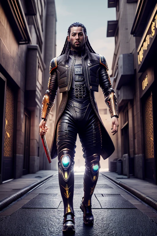 Best quality, 4k,3D, Unreal Engine, Dreadlock, Cyberpunk, Robot Legs, Long Hair, Male Character, Momotaro,Cyberpunk blade, Sword Weapon, Night street