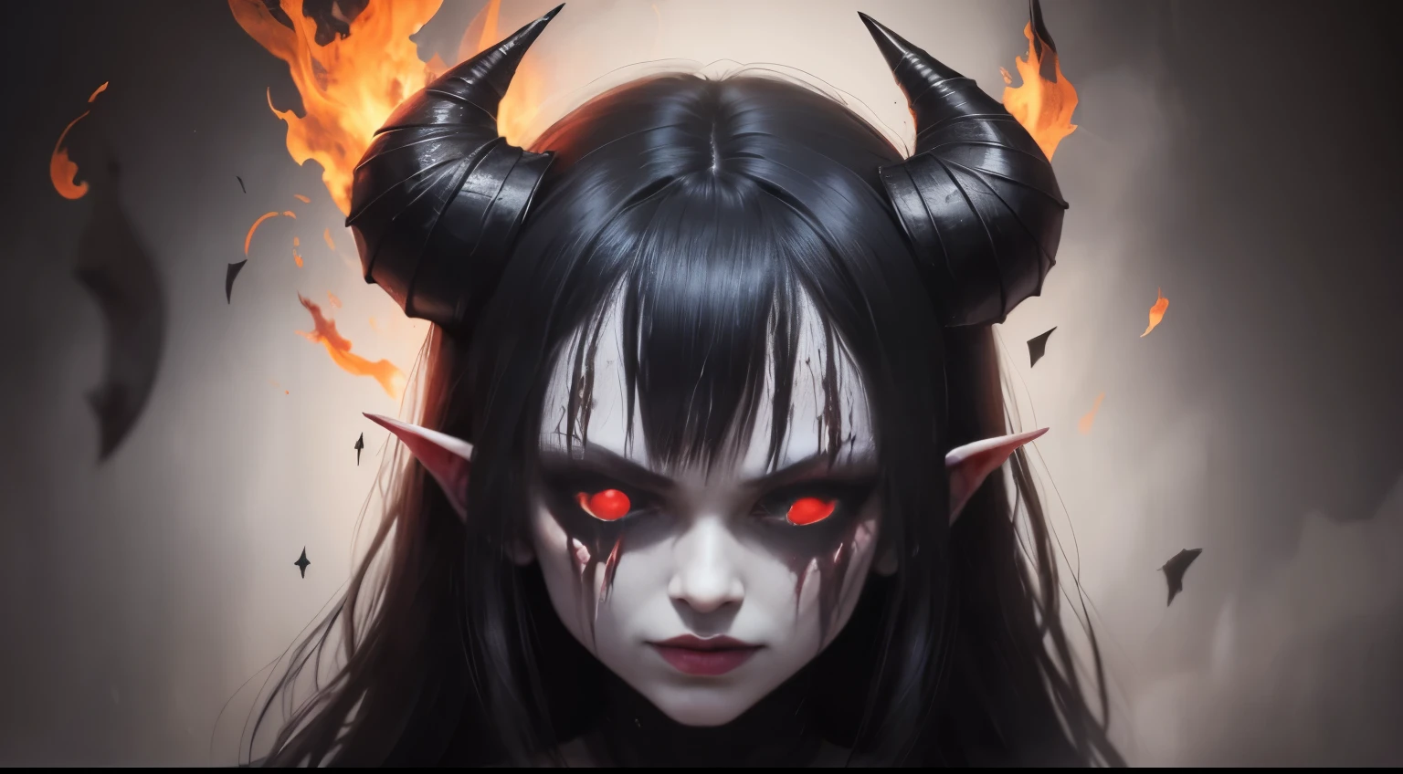 Scary vampire with fangs and horns on head, pale face,Jaw teeth, evil smile, Angry, bloodshot eyes, hateful look,blood on lips, blood dropped from eyes, Blood on face, detailed eyes, double eyelid, 8k Quality, realistic, Vampire, ultra detail, Raw photo, blody circle