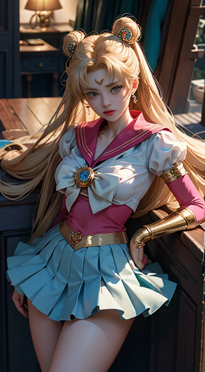 ((masterpiece)), ((highest quality)), (Super detailed), ((Very detailed)), 4K, (8k), Sailor Moon, Large Breasts、Chest、Long golden hair, Dual Horsetail,Sailor Moonの美学,Beautiful girl,Fluffy skirt,blue, Dream Core,