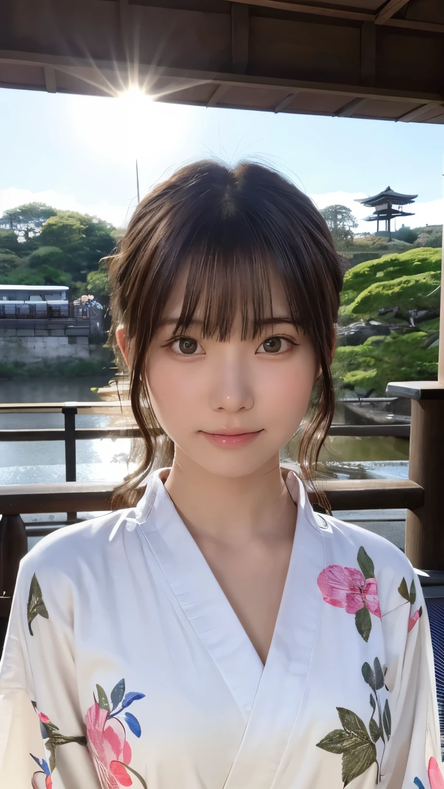 One Girl, (Beautiful girl, Delicate girl:1.3), (16 years old:1.3),
break, (Kyoto, Kiyomizu temple, Large panorama:1.2),
break, (White floral kimono:1.3),
break, Very beautiful eyes, (Symmetrical eyes:1.3),
break, Small breasts, Brown eyes, Parted bangs, Brown Hair, (Upper teeth, The best smile:0.2),
break, (Eyes and facial details:1.0),
break, (masterpiece, highest quality, Super detailed, Detailed face, 8k)