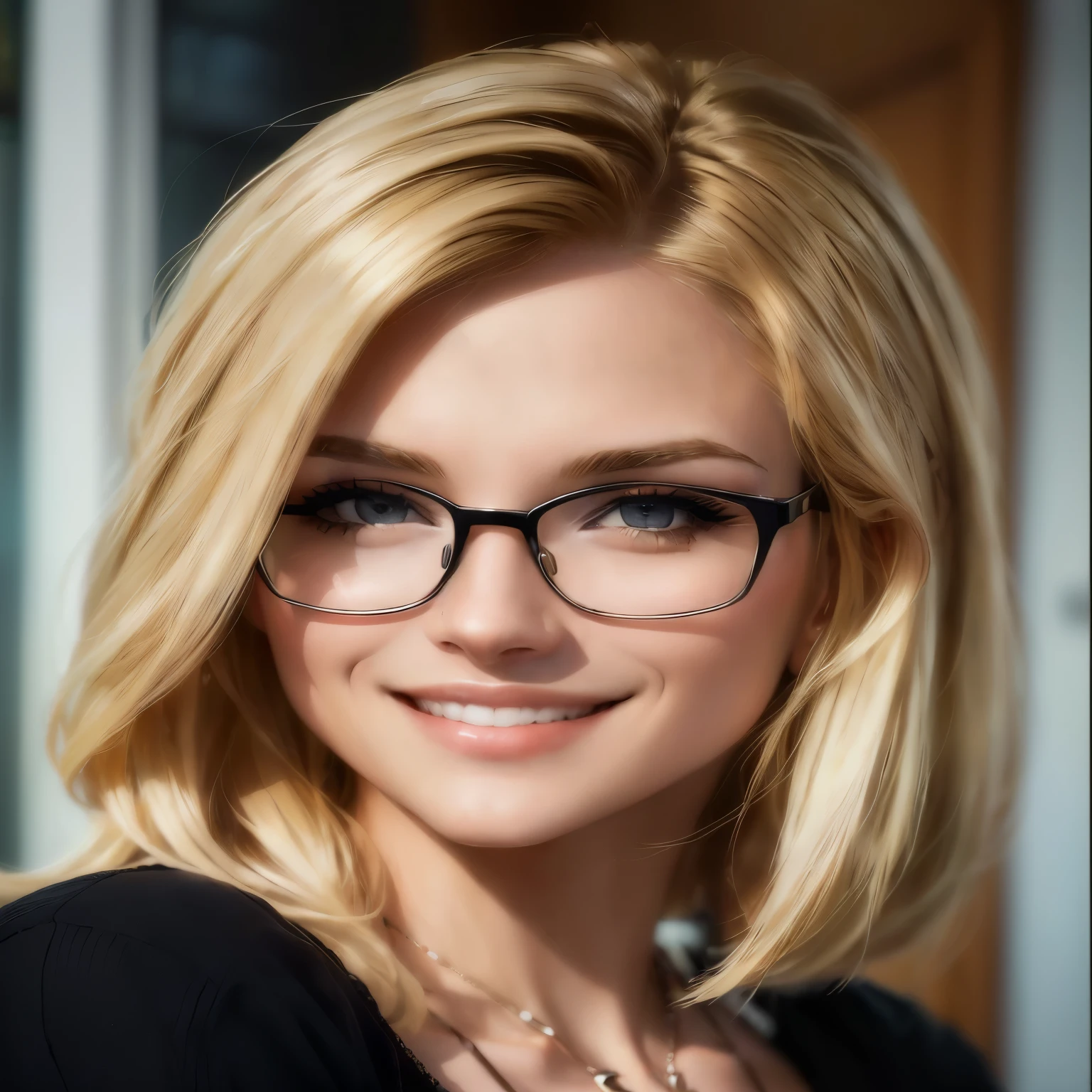 blond woman with Glasses and necklace smiling at the camera, girl with Glasses, with Glasses, thick Glasses, beautiful blonde Frau, Glasses, blonde Frau, eyeGlasses, with square Glasses, Glasses frames, with Glasses on, beautiful blonde girl, wearing square Glasses, wearing Glasses, Blonde and attractive facial features, in square-rimmed Glasses, wearing black rimmed Glasses