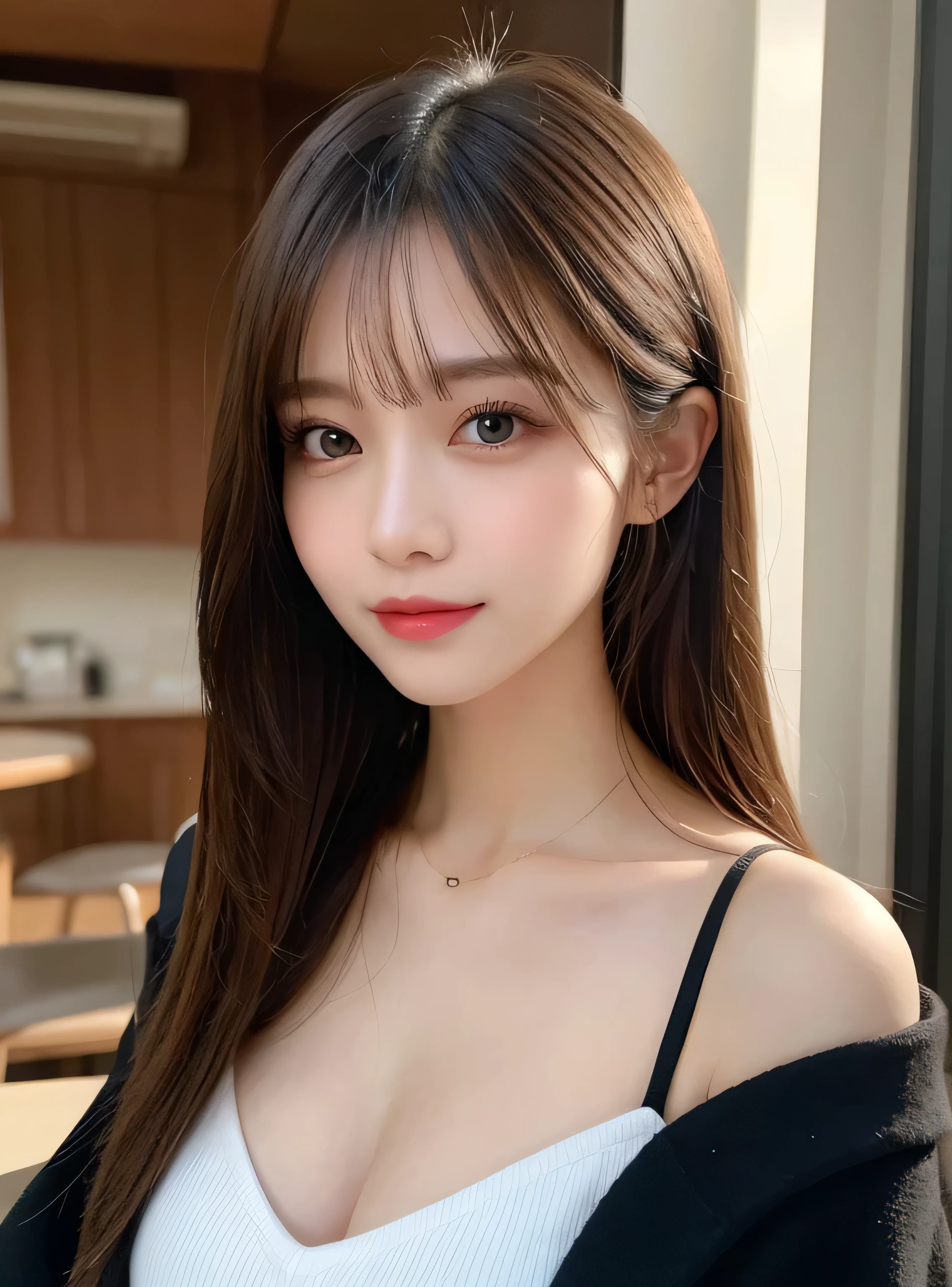 Tabletop,highest quality, masterpiece, Very detailed, High resolution, 8k wallpaper, Perfect dynamic composition, 20-year-old girl, Fine and beautiful eyes, Beautiful long straight hair,Trending Fashion,Small breasts, Natural color lips, Bold sexy pose, A shy smile, pretty girl, Elegant face,Slim Style, Big eyes,Sexy shots for the camera,Perfect and beautiful face,Elegant winter clothes,Off the shoulder,Wear a see-through jacket,Perfect and beautiful face,Beautiful breasts,Off the shoulder,