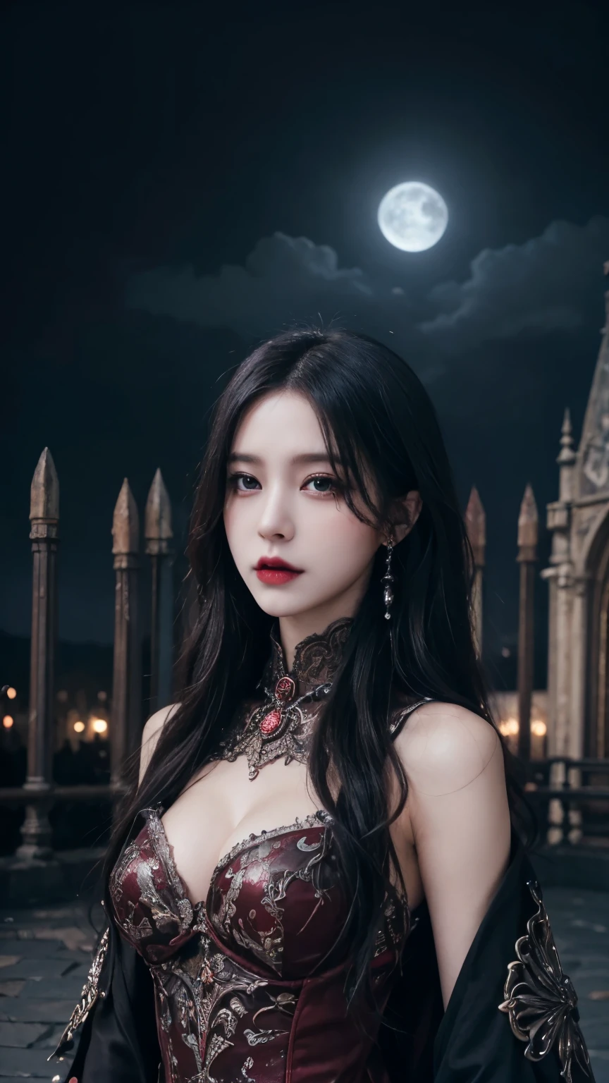 Arafed, dark Fantasy art, Gothic art, (masterpiece:1.5), Full-body vest details, Very detailedな, highest quality, High resolution, Nero V2, vampire full body portrait, Fairy (masterpiece, highest quality, Ultra-feminine: 1.5)  Long and curly hair, Dark Hair, Red eyes (Fantasy art, masterpiece, highest quality: 1.3), ((Beautiful and delicate face)), Very detailedな顔 (Intricate details, Fantasy art, masterpiece, highest quality: 1.5), [Visible vampire fangs] (Intricate details, Fantasy art, masterpiece, highest quality: 1.5), [Anatomically correct] Red Cape, Flowing Cape (intense details, Fantasy art, masterpiece, highest quality: 1.3), Wearing exquisite leather [white] dress (Intricate details, Gothic art, masterpiece, highest quality: 1.5), High heel boots, blood dripping on the lips, Urban background (intense details, Beat details), Fantasy, In the night light, nature ,Moonlight, soft Moonlight, Moonlight, cloud, Gothic atmosphere, Gothic Street Background, Bats flying in the background, Soft Light, Dynamic Light, [[Anatomically correct]], Attention to detail, highest quality, 16k, [Super detailed], masterpiece, highest quality, (Very detailed), Dynamic Angle, Ultra Wide Shot, born, Realistic