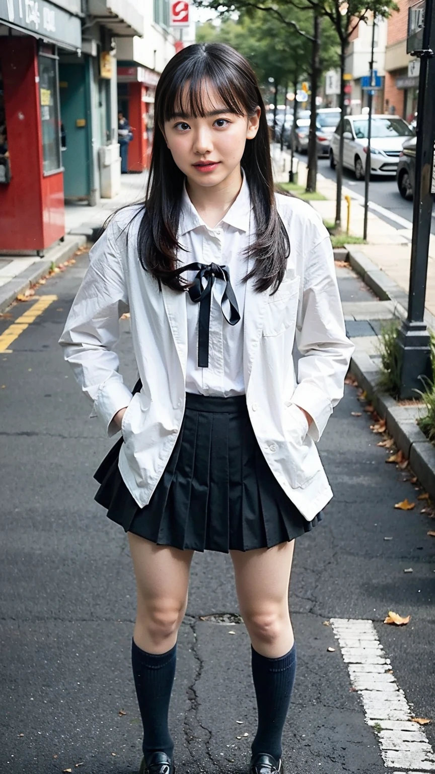 (8k、RAW Photos、highest quality、masterpiece:1.2)、(Realistic、Realistic)、1 girl、((girl uniform、ponytail、Check mini skirt、blazer、Navy blue socks、loafers、Big Breasts、View from the front、Knee socks、Stand with hands on hips、In the city))、