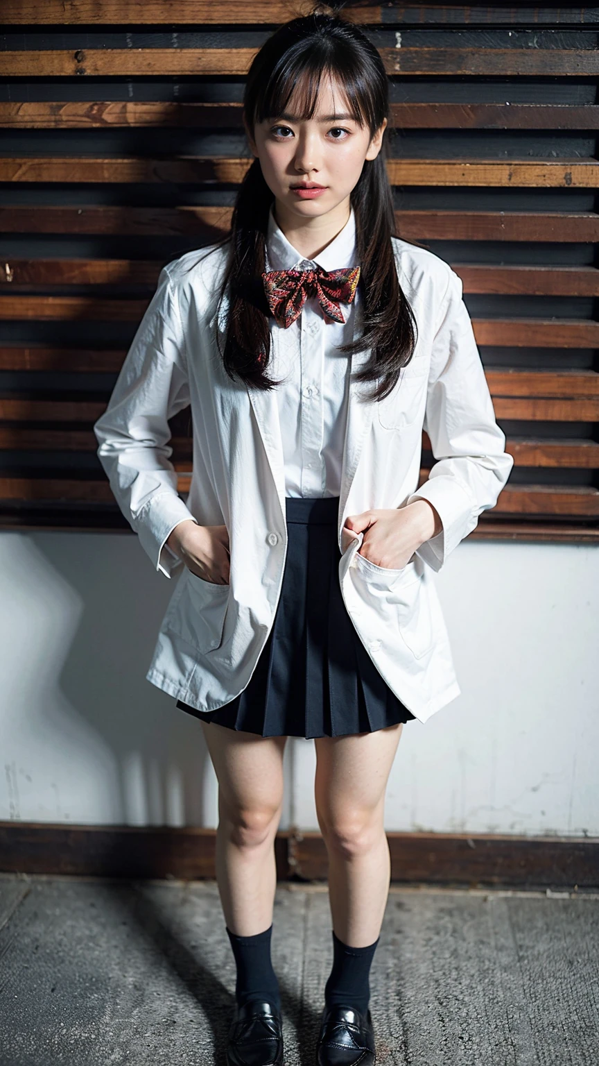 (8k、RAW Photos、highest quality、masterpiece:1.2)、(Realistic、Realistic)、1 girl、((Schoolgirl uniform、ponytail、Check mini skirt、blazer、Navy blue socks、loafers、Big Breasts、View from the front、Knee socks、Stand with hands on hips、In the city))、