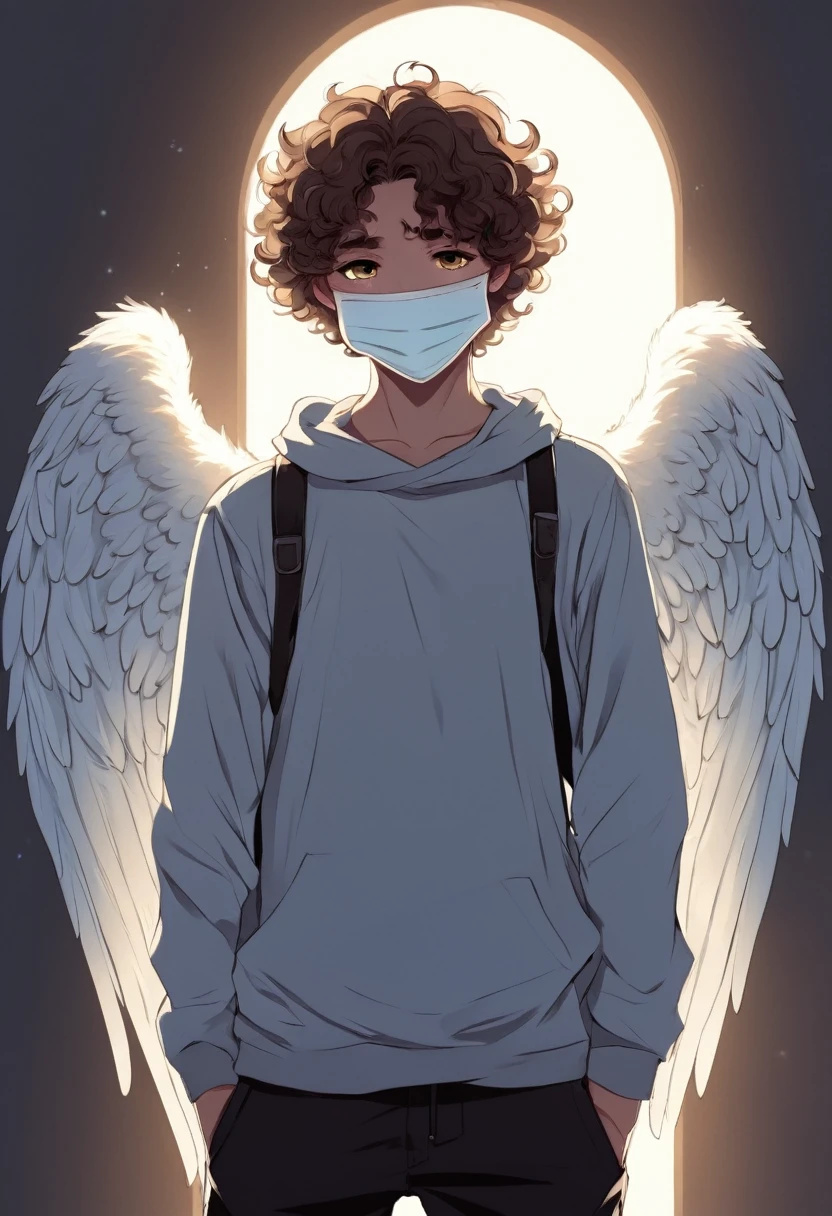 ANIME ART STYLE ANGEL BOY HOLDING A CROSS CURLY HAIRED AGE BOY CALM FACE Wearing a mask hiding his face Bright light in his back Tall guy Skinnier then usual but not to skinny