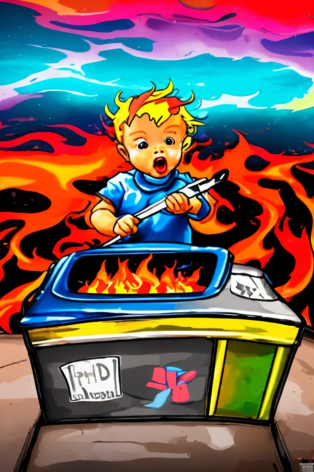 Ultra HD, high quality image: A toddler's curious exploration near a dumpster in 4K resolution. Vibrant and edgy colors depict a fire burning inside the dumpster