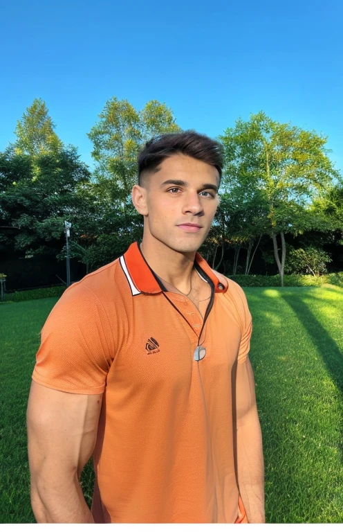 A sporty man wears a simple orange t-shirt.  Alter 26 Anis. Er ist in einem Bodybuilding-Studio. Klar fokussiertes und detailliertes Gesicht. Beautiful eyes. Gut definierte Gesichtsdetails., Handsome man 