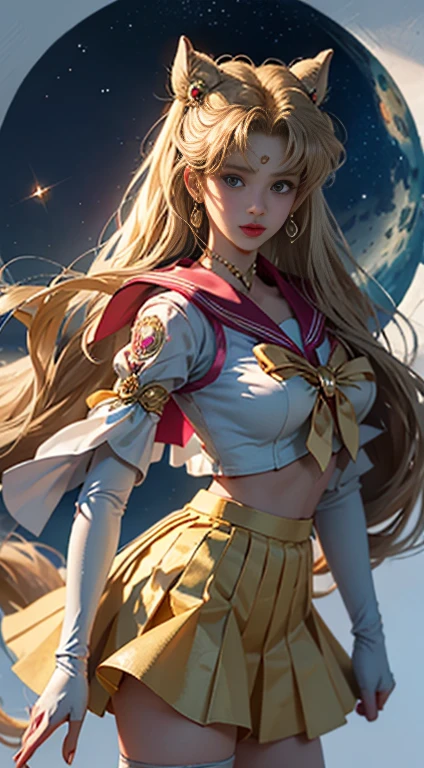 ((masterpiece)), ((highest quality)), (Super detailed), ((Very detailed)), 4K, (8k), Sailor Moon, Large Breasts、Chest、Long golden hair, Dual Horsetail,Sailor Moonの美学,Beautiful girl,Fluffy skirt,blue, Dream Core,