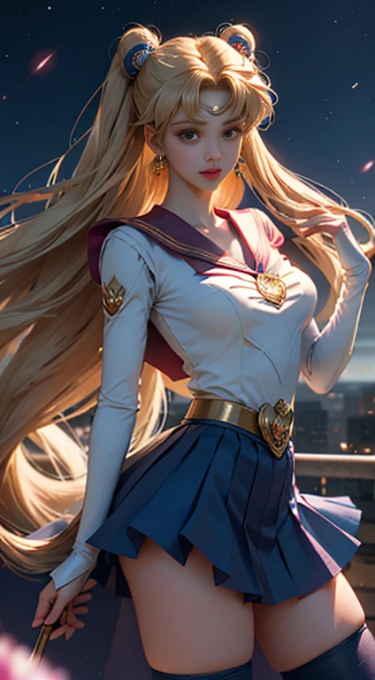 ((masterpiece)), ((highest quality)), (Super detailed), ((Very detailed)), 4K, (8k), Sailor Moon, Large Breasts、Chest、Long golden hair, Dual Horsetail,Sailor Moonの美学,Beautiful girl,Fluffy skirt,blue, Dream Core,