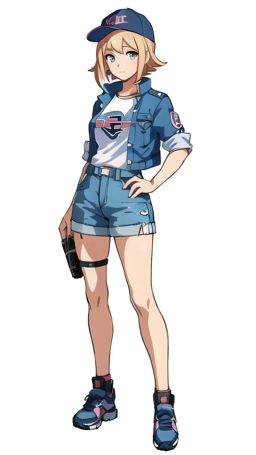 a woman in a blue shirt and shorts with a baseball cap, character from king of fighters, anime full body illustration, chiaki nanami from danganronpa, female anime character, makoto shinkai ( apex legends ), yayoi kasuma, official character art, chloe price, android 18, female protagonist 👀 :8, anime visual of a young woman