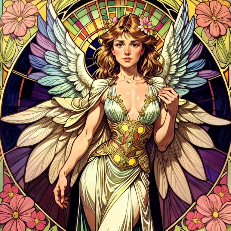 vetorial art style,Stained glass, beautiful vintage woman,Hands at waist level.open angel wings,alphonse mucha style,Intricate flowery background