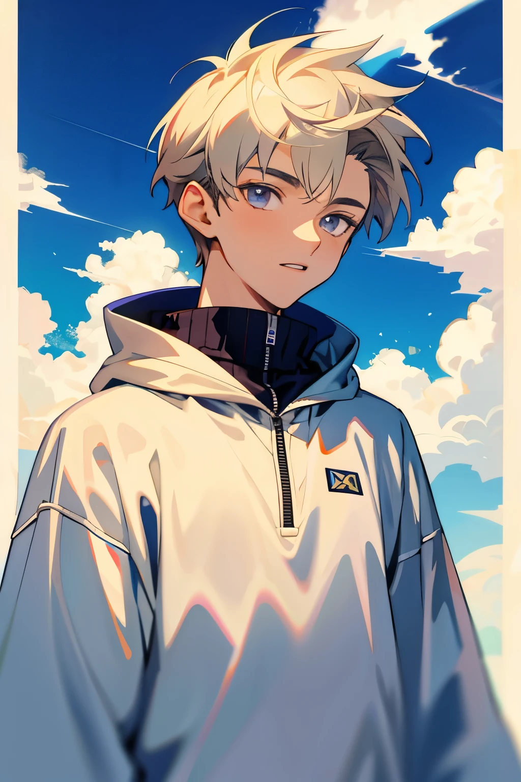 masterpiece, Detailed Images, 20-year-old male, Upper Body, Wear a sweatshirt, Sky Background.