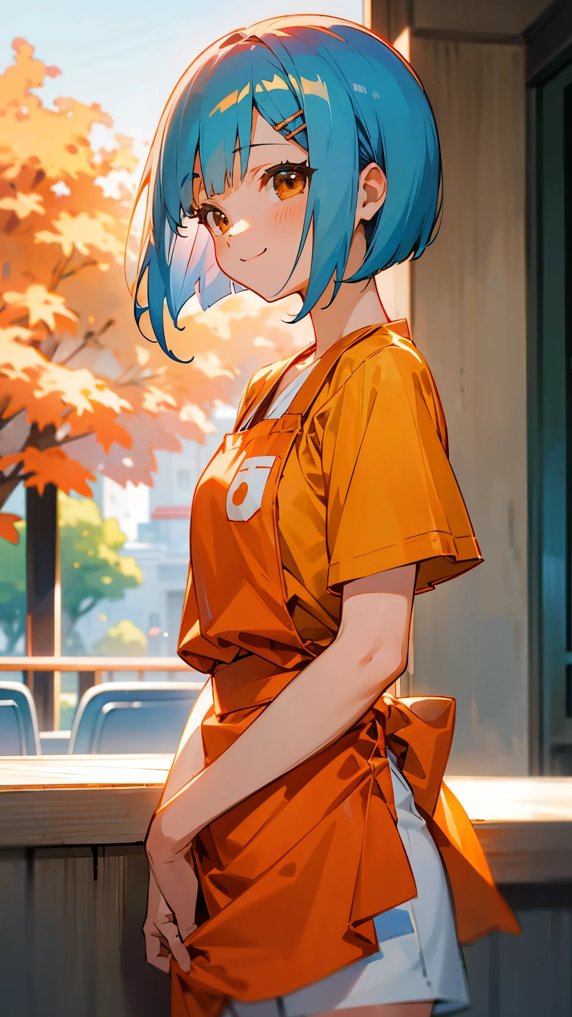 1 girl、Anime Images、Cute Woman、shrimp、apron、Shiny light blue hair、Short Bob Hairstyles、Tie your hair with an orange hair clip、Beautiful brown eyes、smile、From the side、Simple T-shirt、Shorts、Sharp contourorning Cafe Terrace、Background blur、The depth of the drawn boundaries