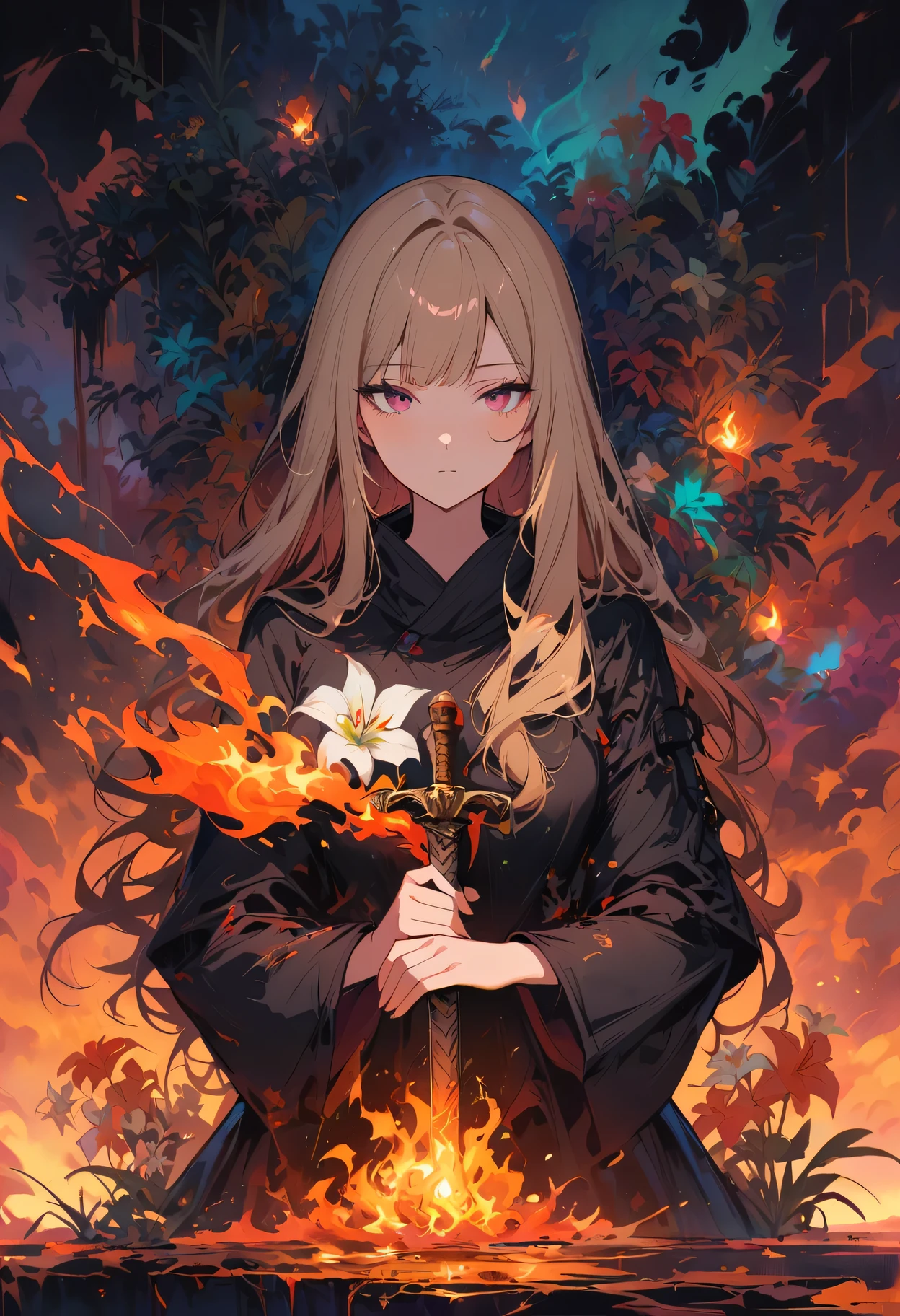 1 Girl, Bangs, breathing fire, combustion, Burnt clothes, ember, Ahog, Beige hair, Colorful hair, fire, fire flame, fire flame剑, (Hold the hilt of a sword in your hand), permanent, Long hair, Thermal power, Expressionless, cigarette, flower(Symbolism), Solitary, fireflower, Sunset, twilight, white flower, Molten Rock, lily (flower), fiery flower, Depth of Field, combustion ,