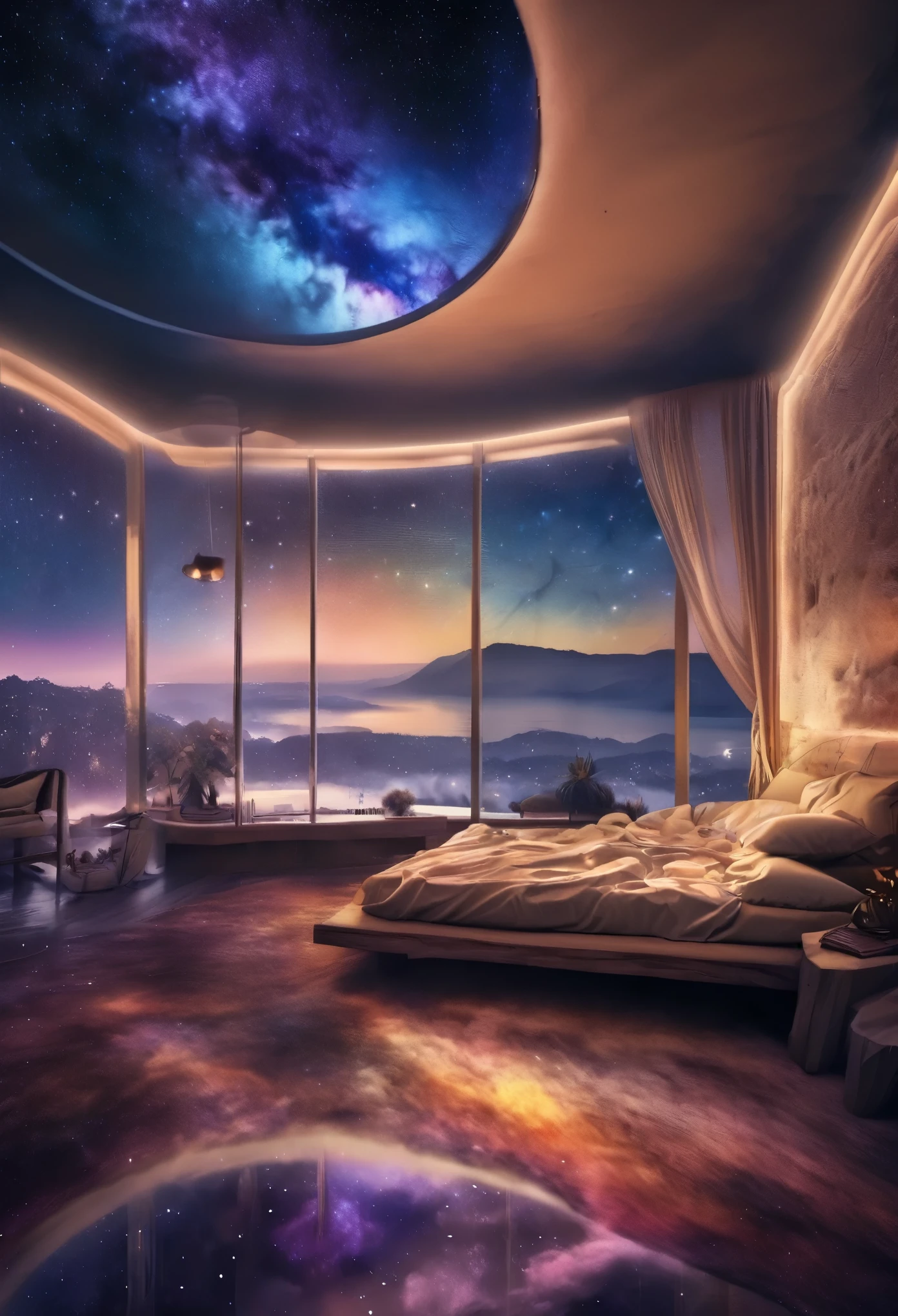 a woman dreaming in a beautiful galaxy,cores suaves e surreais,(melhor qualidade,4K,high resolution:1.2),ultra-detalhado,estilo impressionista,night sky full of stars,atmosfera sonhadora,suave luar,Cosmic Patterns,ambiente tranquilo,Subtle transitions,beleza sublime,ambiente de sonho,Serenidade tranquila,dormindo pacificamente em sua cama aconchegante,tranquil and otherworldly setting,sublime heavenly scenery,Serene and ethereal,jornada subconsciente,cosmic inspiration,cores vibrantes e cativantes,dreamlike abstraction,magical and mesmerizing vision,deep sense of wonder and awe,lucid dreaming,galactic dream landscape,relaxing and introspective experience,estrelas luminosas brilhando intensamente,happy state of mind,ambiente relaxante e relaxante,sussurros do universo,misterioso e encantador,apenas se afastando.