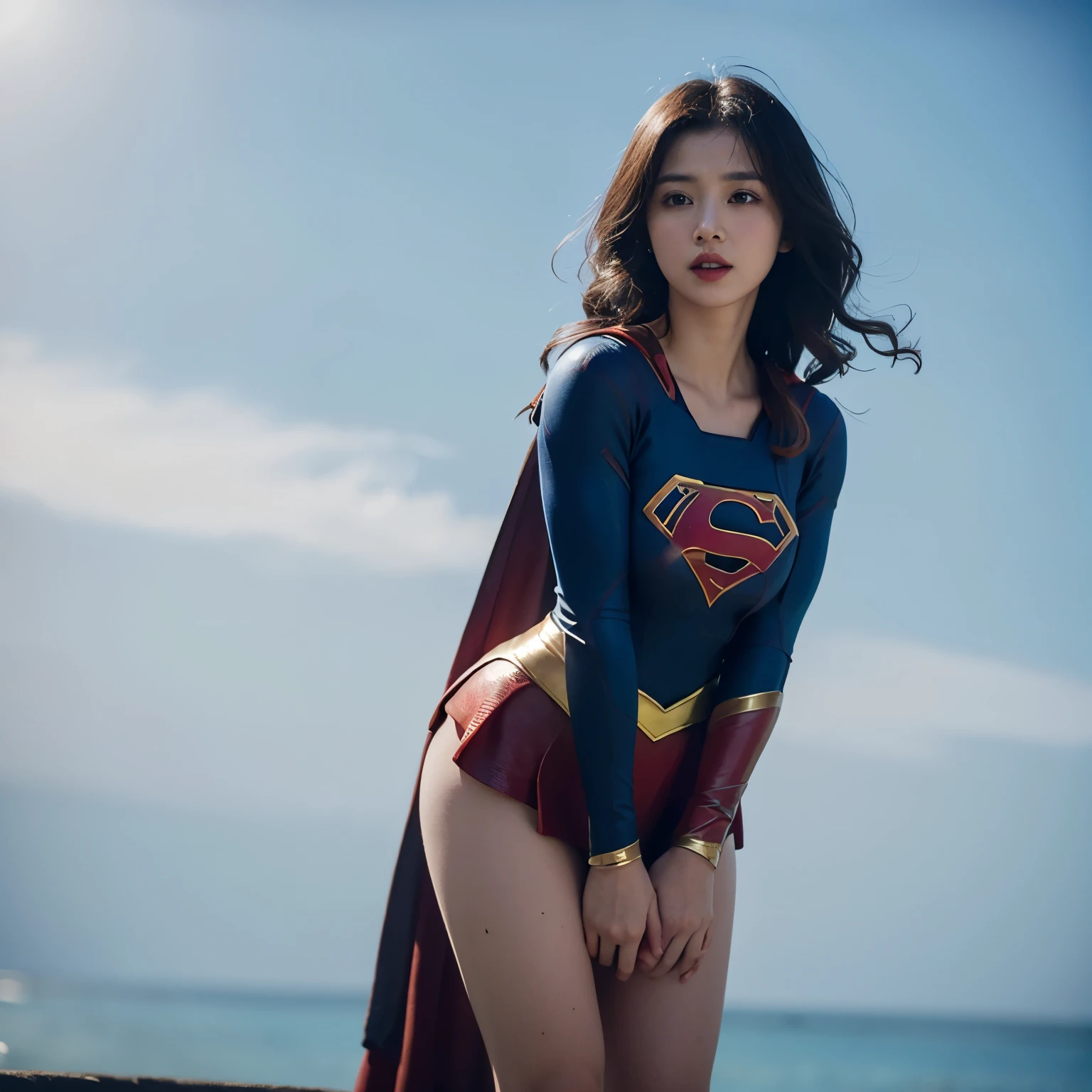 Beautiful Supergirl portrait、(Accurate Supergirl costume:1.3)、Glaring at the enemy、Open your mouth、Thigh、(Emphasize large breasts:1.3)、Studio shot、White background、Sunlight、front、Plain background、(A thick rubber hose wraps around my arm)、