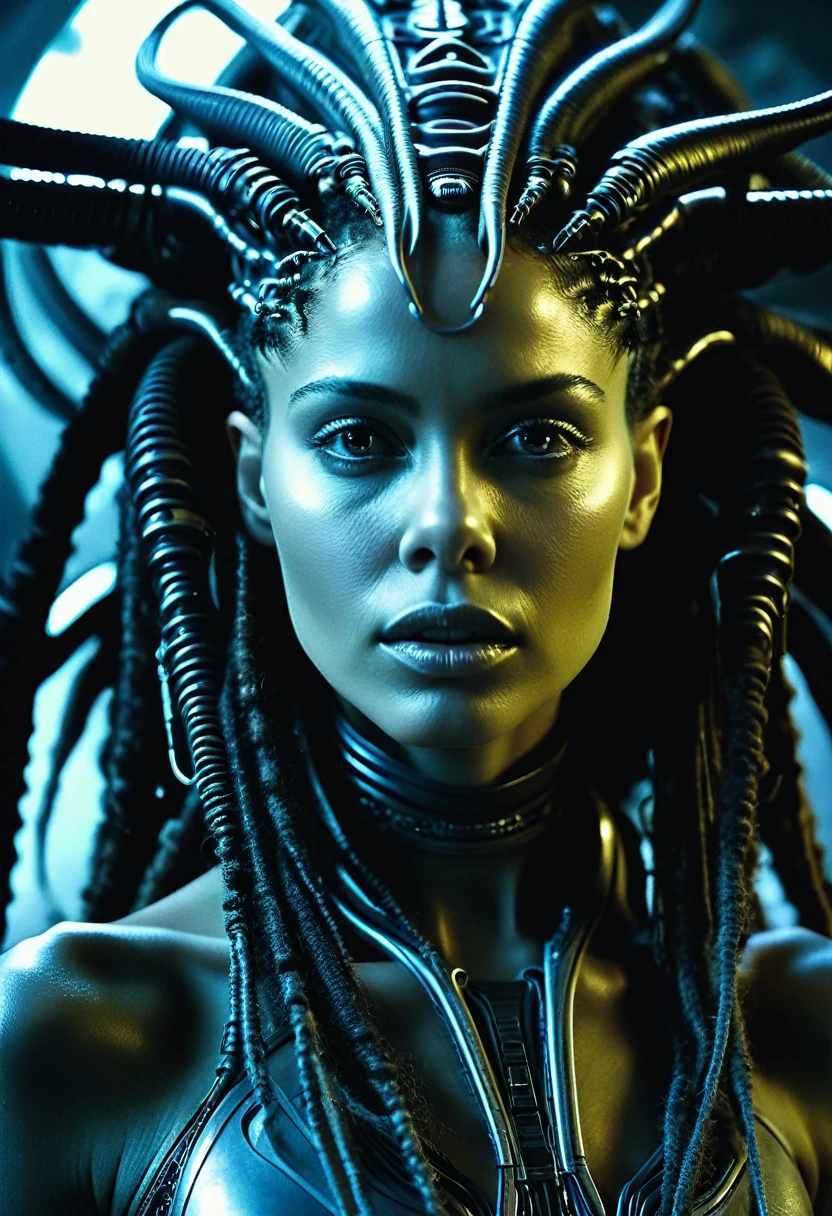 a woman with dreadlocks and hair in a scene from the movie alien, movie still of an alien cyborg, quadro do filme Prometeu, RH Giger. 8 mil, eve movie online yet, cena do filme Prometeu, ainda quadro de Prometheus, biologic RH Giger style, cena do filme Prometeu, humanoid flora  