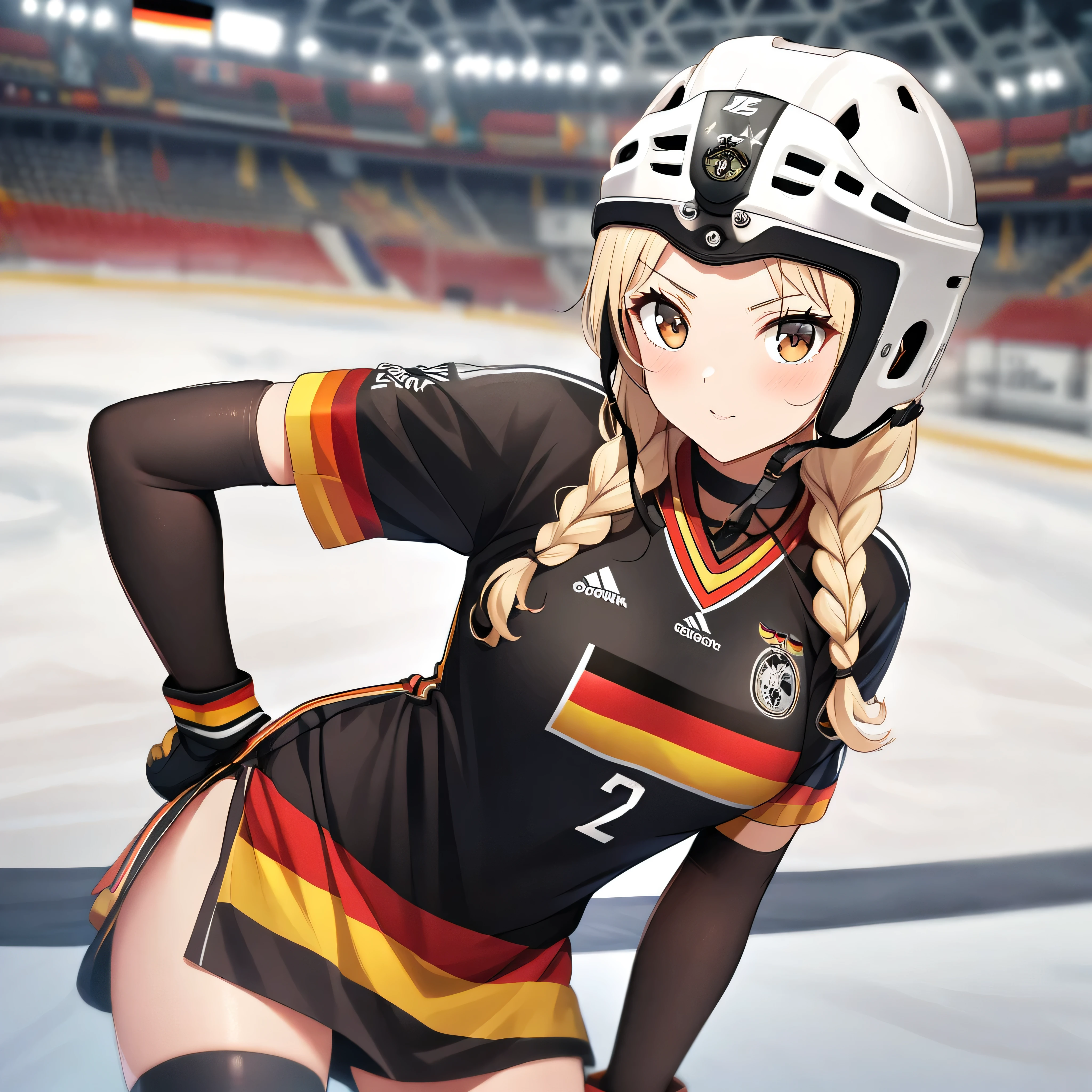 germany, ice hockey jersey, hockey helmet,on the ice, hockey stadium, blonde hair, braids, sexy pose, germany flags, germany color, forehead, brown eyes, sexy attire, 1girl,
