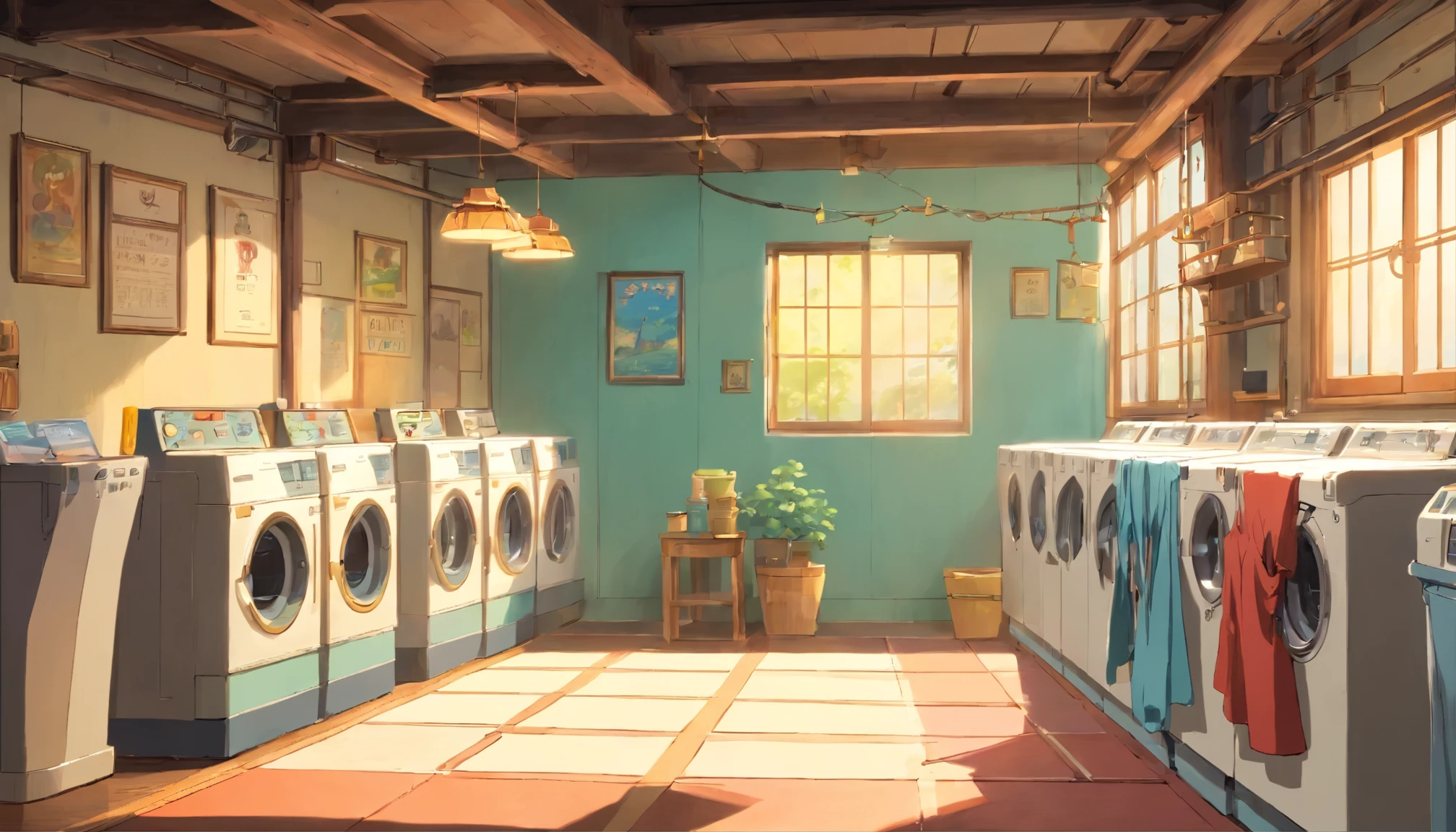 Coin laundry, Hang the laundry out to dry, Retro feel, Soft natural light, Nostalgic atmosphere