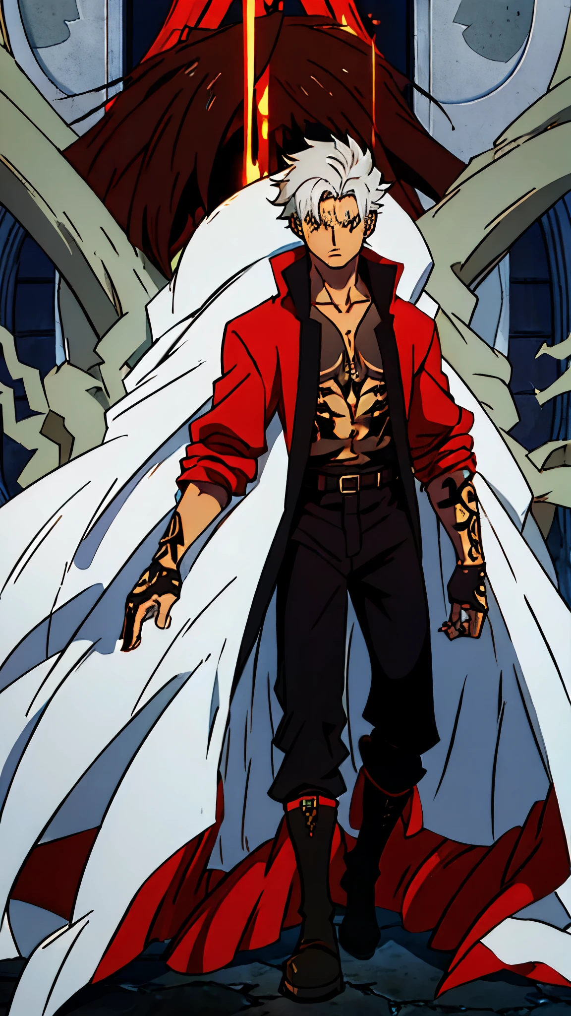 A boy who serves as a vessel for a forgotten god, he wears a large coat that reaches his calves, a red blouse, black jeans and brown boots, his hair is brown and of medium length and when the god takes control of him, his hair becomes a grayish white man with several tattoos on his body