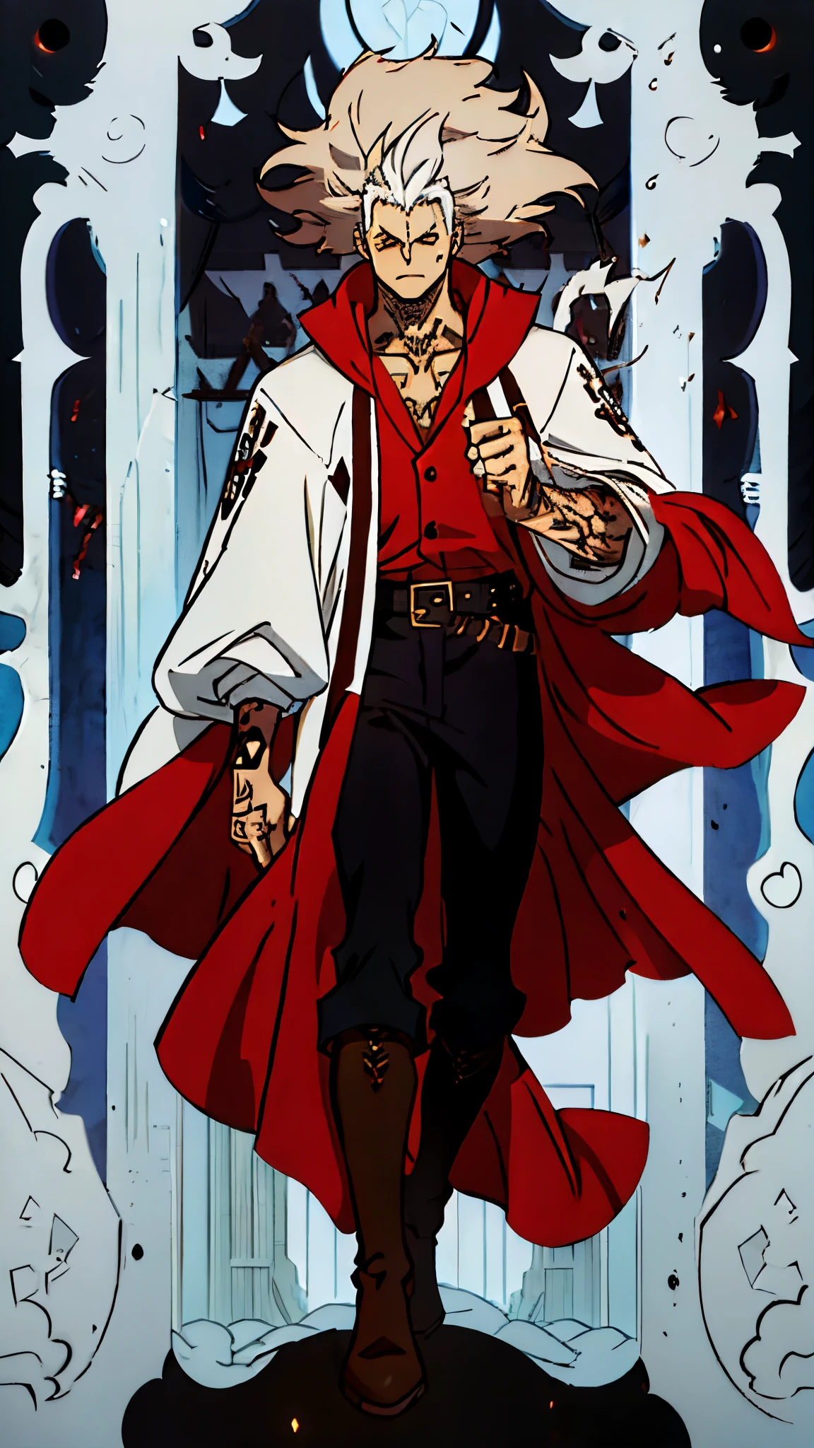A boy who serves as a vessel for a forgotten god, he wears a large coat that reaches his calves, a red blouse, black jeans and brown boots, his hair is brown and of medium length and when the god takes control of him, his hair becomes a grayish white man with several tattoos on his body 