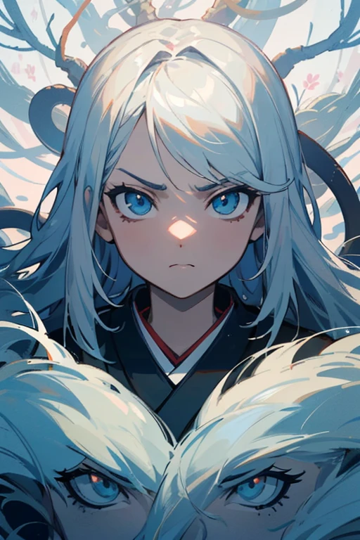 (olhos brancos), (cabelo longo branco), (detalhado), (rosto perfeito) arte anime 2D japonesa, (mulher alta), (vestindo kimono), (Counterfeit-V3.0), (menacing look), (expressionless face), (floresta escura ao fundo), (cabelos longos caindo sobre os ombros), ( pespectiva de baixo para cima), (corpo inteiro)