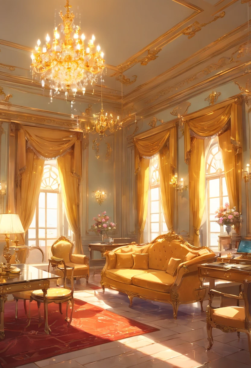 And now I felt a gentle push on my lower back, and a tug on my hand, as if the room itself was inviting me in. "Nope, meus sapatos...&quot; started, but the push and pull became firmer and I found myself clumsily crossing the threshold, no veludo carmesim bordado. The furniture was as grand as the room itself., esculpido, golden and polished until it shined in the sunlight that came through the windows. Havia uma cama enorme sobre um estrado, dossel em ouro com uma colcha branca transparente; a maior penteadeira que eu poderia imaginar, covered with brushes and combs and cut glass bottles of perfumes and cosmetics; a desk so elegant I could barely imagine sitting at it; and rich golden velvet sofas and chairs spread throughout the room, para que eu pudesse sentar em quase qualquer lugar se tivesse vontade de repente. Eu dei outro passo para dentro da sala, my eyes wandering from the beautiful walls to the magnificent furniture and to the high ceiling with hanging crystal chandeliers - the room was so big it needed five of them.