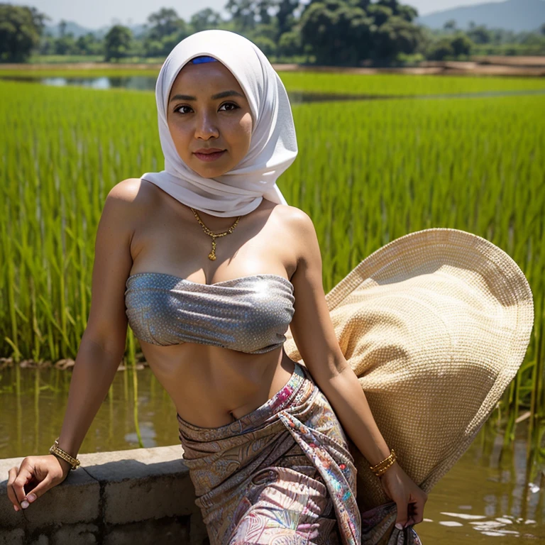 mia 50 years old wearing hijab , huge shaggy breast , white strapless tanktop , batik skirt , hard nipple , at the rice field , gold bracelet ,
