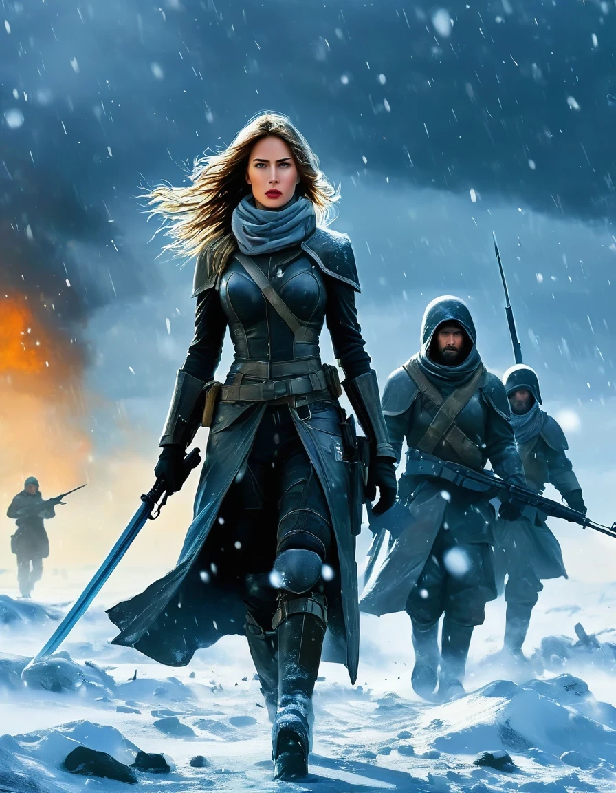 wasteland, Female Warrior Sci-fi Future Fantasy，Movie Stills，Siberia，Vast wasteland，Snow everywhere，Cold night，sci-fi art, in style of Amedeo Modigliani，fighting，War，A lot of fighters，background：Army Group Battlefield，