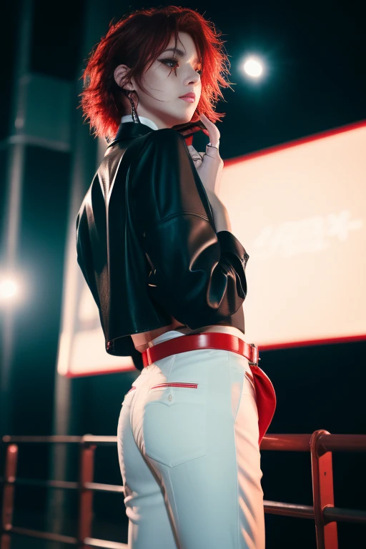 A man in his 20s with bright red hair、Fierce and sharp eyes、A white dress shirt that reaches to the knees、Black short jacket、Red bondage pants with a red belt between the knees、、Around her neck is a thin black leather choker reminiscent of a collar.、He is wearing a silver ring on his left middle finger.、On the back of the jacket「Moon Ring Emblem」It is depicted、Neon city at night